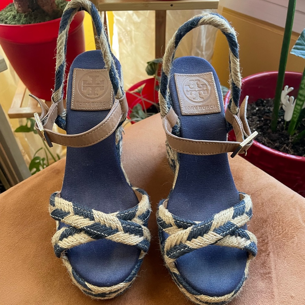 TORY BURCH Camelia Mid Wedge Espadrille US 7 M Sandal Navy
